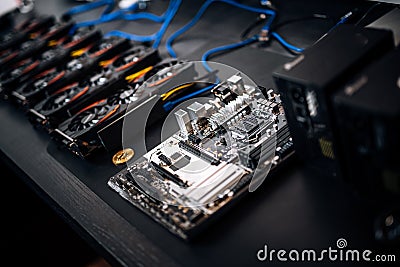 Computer Motherboard and graphics cards, bitcoin mining and cryptocurrency Stock Photo