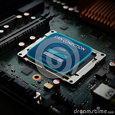 A computer motherboard with a highlighted section displaying a digital interface Stock Photo