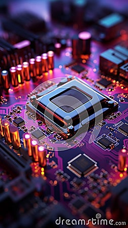 Computer motherboard with processor and microchips, 3Drendering closeup view Stock Photo