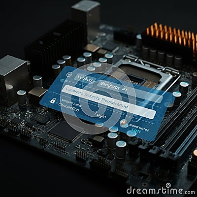 A computer motherboard with various components such as capacitors, connectors, and a CPU socket. Stock Photo