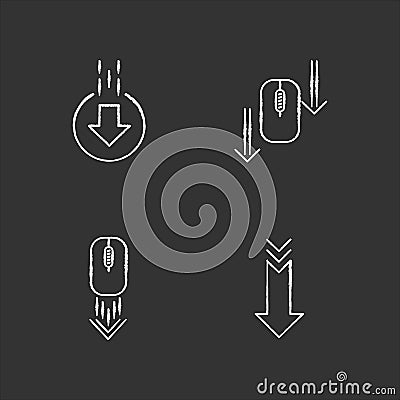Computer mouse and arrowheads chalk white icons set on black background. Scrolling down and uploading indicators. Arrows Vector Illustration