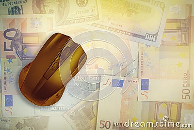 Computer mouse on the background of dollars and euros. Stock Photo