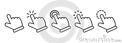 Computer mouse click cursor gray arrow icons set. Clicking cursor, pointing hand clicks and waiting loading icons.Hand Vector Illustration