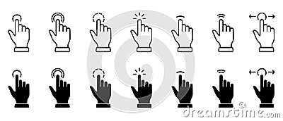 Computer Mouse Cursor Finger Line and Silhouette Icon Set. Hand Pointer Gesture on Website Black Pictogram Set. Click Vector Illustration
