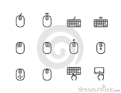 Computer mouse, its buttons indication and keyboard icons in thin line style Vector Illustration