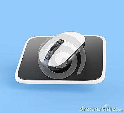 Computer mouse on mat 3d render icon. Manipulator, device for data input when working with pc and laptop. Black white Cartoon Illustration