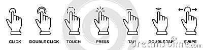 Computer Mouse Pointer Finger Line Icon Set. Cursor Hand Linear Pictogram. Click Press Double Tap Touch Swipe Point Vector Illustration