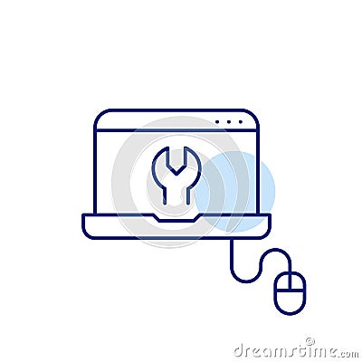 Computer with mouse, wrench on screen. Coding tools, construction of powerful software solutions. Pixel Vector Illustration