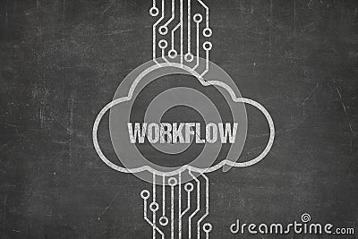 Computer Network Connecting To Workflow Text In Cloud Stock Photo