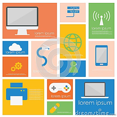 Computer network connection and smart device icon set Vector Illustration