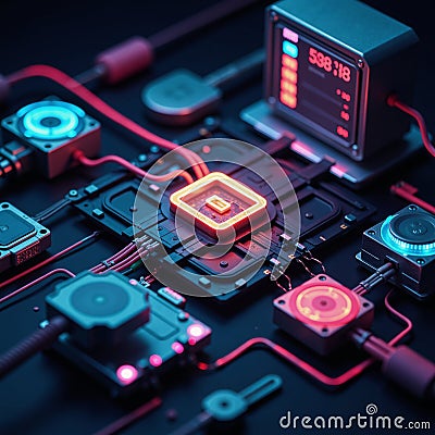 Computer network visualized as an intricate neonlit abstraction featuring info storage devices crypto tech and stock systems on a Stock Photo
