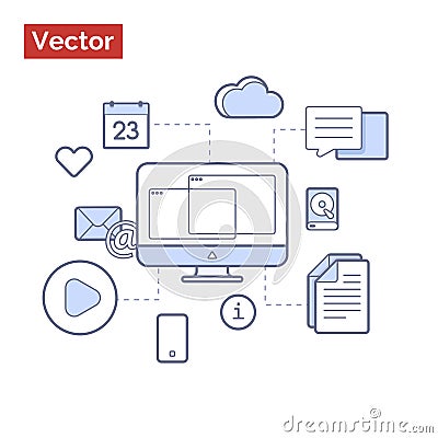 Computer with nodes who showing solutions for life and business Vector Illustration