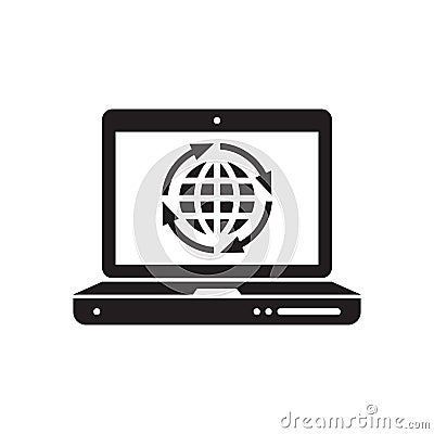 Computer notebook with globe arrows - black flat icon design. Global network communication sign. Modern technology symbol. Multime Vector Illustration