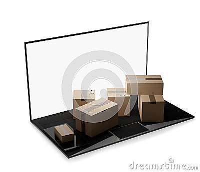 Computer notebook laptop packages delivery 3d-illustration Cartoon Illustration