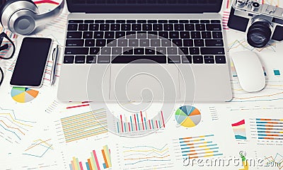 Computer notebook and paper chart on desk background, business concept, illustration 3D rendering Cartoon Illustration