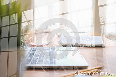 Computer notebook stationary on library desk. back to school learning education concept Stock Photo