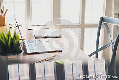 Computer notebook stationary on library desk. back to school learning education concept Stock Photo