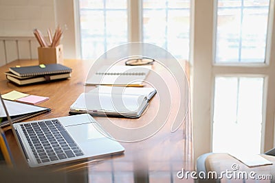 Computer notebook stationary on library desk. back to school learning education concept Stock Photo