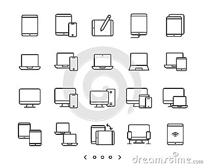 Computer, notebook, tablet and smartphone device line icon set Vector Illustration