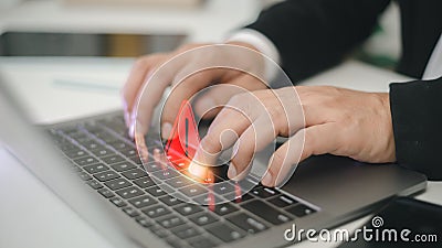 Computer notification error maintenance concept. programmer, or developer using a computer laptop with a triangle warning Stock Photo