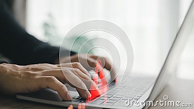 Computer notification error maintenance concept. programmer, or developer using a computer laptop with a triangle warning Stock Photo