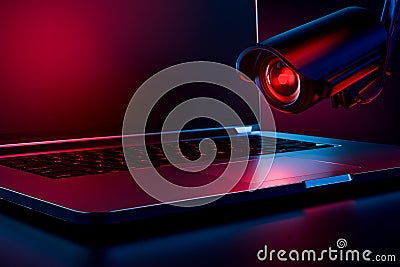 Computer observed by hostile looking camera as a metaphor of stalking or malicious software observing and tracking user. Copy Stock Photo