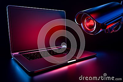 Computer observed by hostile looking camera as a metaphor of stalking or malicious software observing and tracking user. Copy Stock Photo