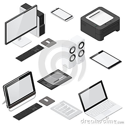 Computer and office devices detailed isometric icon set Vector Illustration