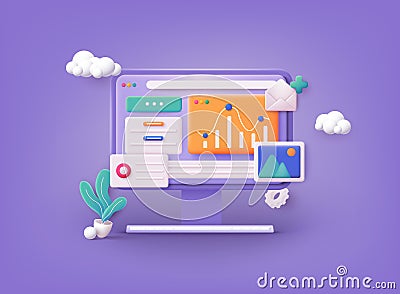 Computer with open pages. Landing page template for web. Data analytics, dashboard and business finance report. 3D Vector Illustration