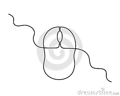 Computer optical mouse tool one line art,hand drawn input office device,idea laptop internet work drawing continuous contour. Vector Illustration