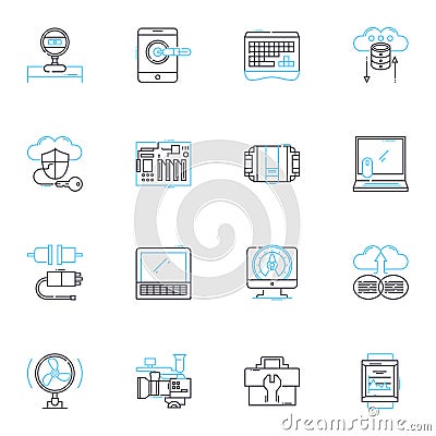 Computer parts linear icons set. Motherboard, Processor, Graphics card, RAM, Hard drive, SSD, Power supply line vector Vector Illustration