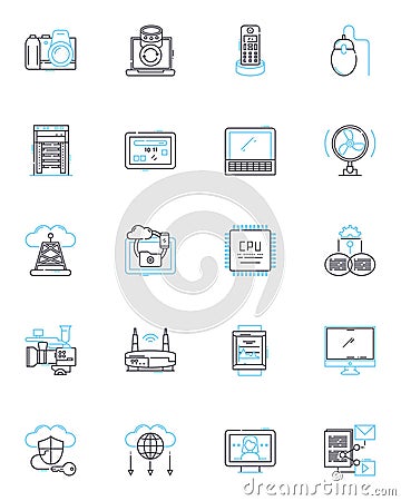 Computer parts linear icons set. Motherboard, Processor, Graphics card, RAM, Hard drive, SSD, Power supply line vector Vector Illustration