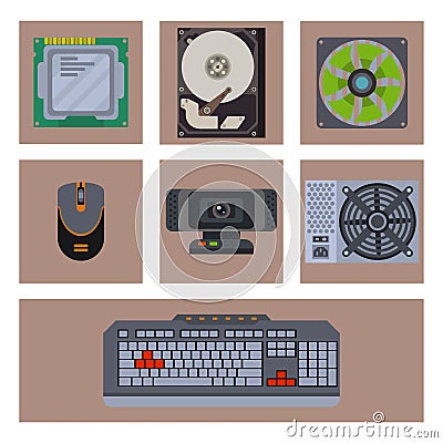 Computer parts network component accessories various electronics devices and desktop pc processor drive hardware memory Vector Illustration