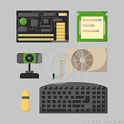 Computer parts network component accessories various electronics devices and desktop pc processor drive hardware memory Vector Illustration