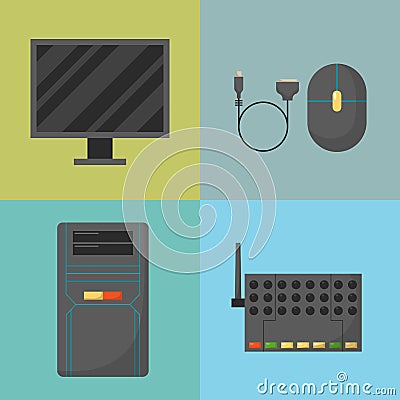 Computer parts network component accessories various electronics devices and desktop pc processor drive hardware memory Vector Illustration