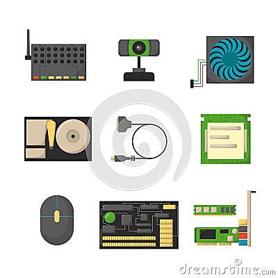 Computer parts network component accessories various electronics devices and desktop pc processor drive hardware memory Vector Illustration