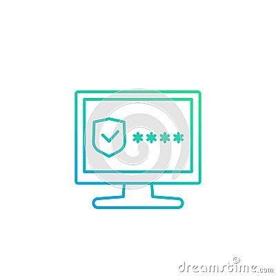 Computer with password access linear icon Vector Illustration