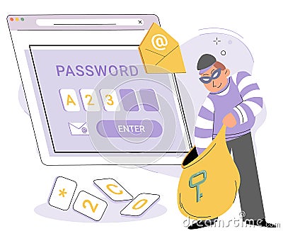 Computer password hack, Cyber criminal with laptop stealing user personal data. Hacker attack Vector Illustration