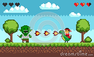 Pixel Fight Troll Monster and Characters Vector Illustration