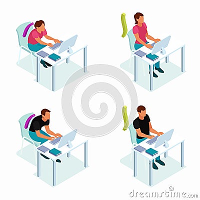 Computer Posture Isometric Concept Cartoon Illustration