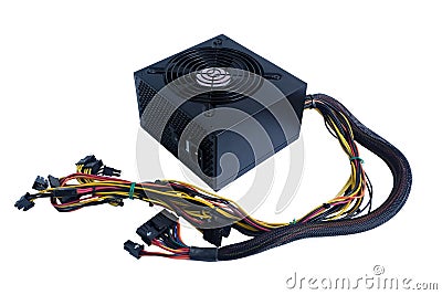 Computer power supply black color with cables unit for pc computer Stock Photo