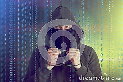 Computer privacy attack. Hackers programmer look on screen and forcibly writes the program code hack information Stock Photo