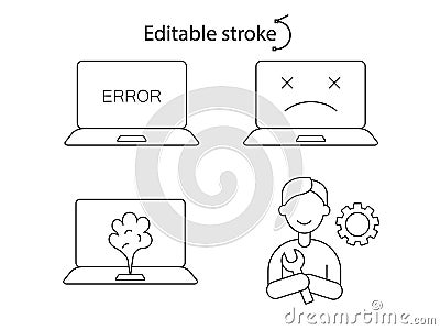 Computer problems outline icons set. Notebook smoke. Computer repairs. Computer master wizard Vector Illustration