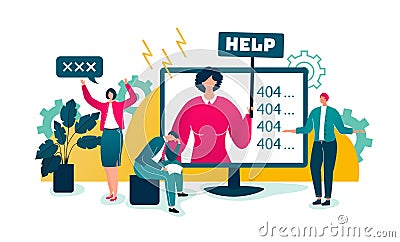 Computer problems, worried businesspeople frustrated with technical problems at computer showing system error on screen Vector Illustration