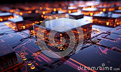Computer Processor Surrounded by Various Electronic Components Stock Photo