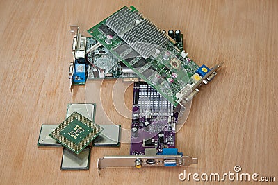 Computer processors and graphics cards on the desktop Stock Photo