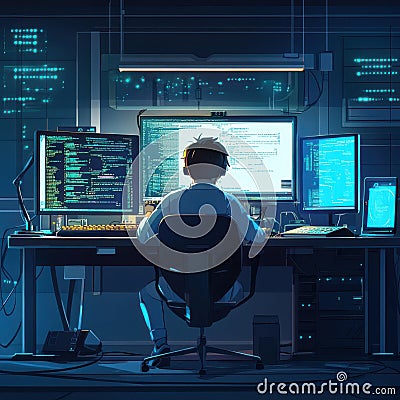 Computer programmer developing new software using multiple monitors in a dark room Stock Photo