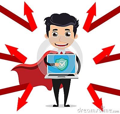 Computer programmer vector character. Cyber security technician posing like hero holding laptop Vector Illustration