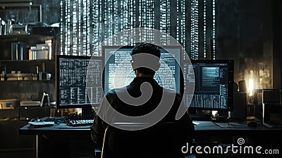 Computer programmer working on computers with source code and matrix code raining on the wall Stock Photo