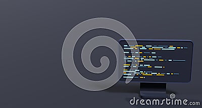 Computer programming or developing software. 3d rendering of flat monitor. Coding 3d render. 3d computer monitor. 3d render Cartoon Illustration